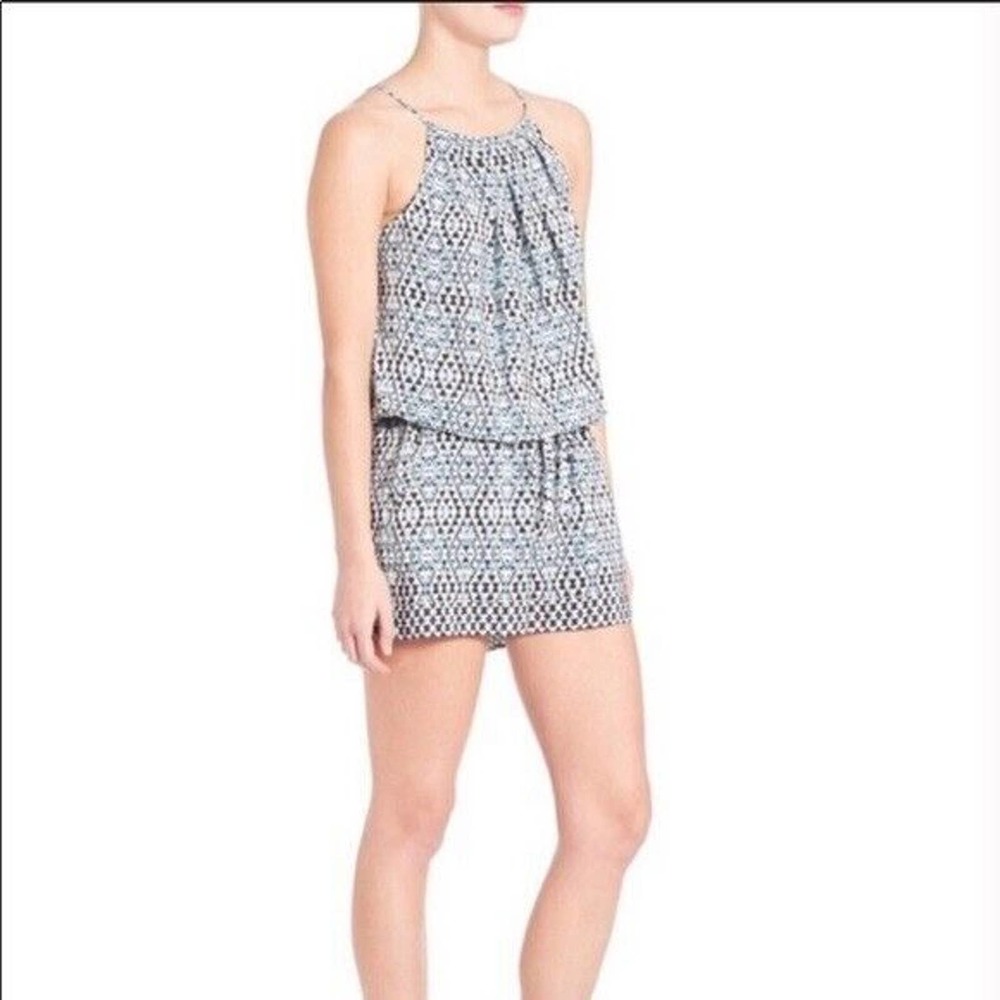 Joie Silk Lined Shorts Romper Blue White S Sleeveless Geometric Spaghett straps